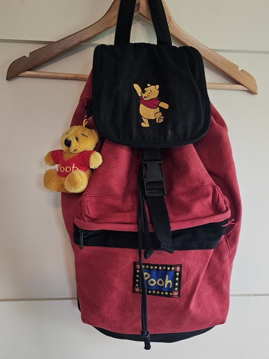 Winnie-the-Pooh Handbags - Winnie the Pooh Red Canvas Backpack with Pooh Plush Charm Y2K Vintage